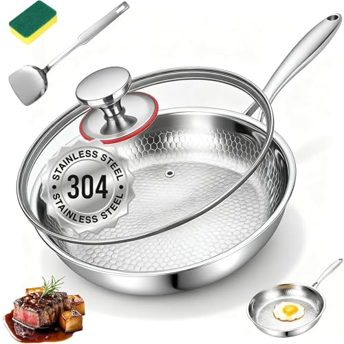 Sarten Mireve Acero 304 Titanio, Sartén De Titanio Puro Antiadherente Con Estructura Tricapa, Ultrarresistente Y Fácil De Limpiar, Cocina Segura Para Inducción/Gas/Eléctrico/Vitro (22cm, Con Tapa)