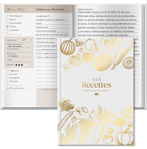 BIROYAL Carnet de Recettes à Remplir A5 avec Table Substituts | Papier Épais 120g, 100 Recettes Vierge, 2 Pages par Recette, Avec Table de Conversion & Calendrier Saisonnier