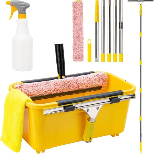 Professional Window Cleaning Equipment with 6ft Long Handle, 3 Gallon Bucket,14 Squeegee,15 Microfiber Scrubber,Spray Bottle, Cloth, Window Cleaning Kit for Commercial Household.