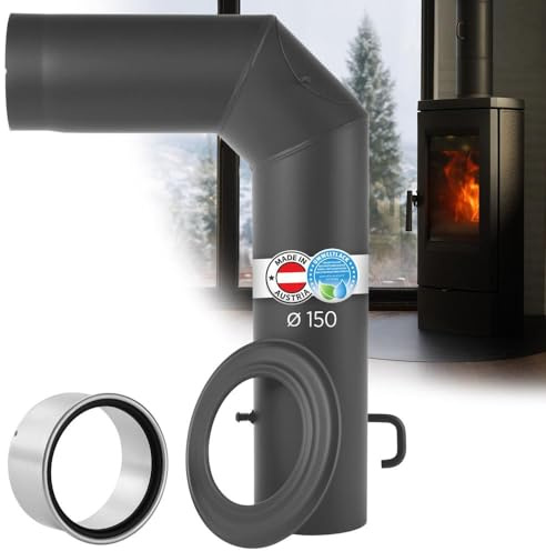BERTRAMS Winkelbogenset (600x450mm) mit Tür & Drosselklappe Gussgrau | Für Ofenrohr 150mm mit 90° Winkel, Doppelwandfutter & Rosette | Feuerrohr Stahlblech 2mm & Senotherm UHT-Hydro | Made in Austria