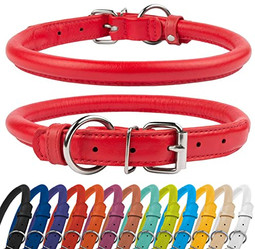 CollarDirect Rolled Leather Dog Collar, Soft Padded Round Puppy Collar, Handmade Genuine Leather Collar for Dog Small Large Cat Collars Black Pink Red Purple Blue (Fits 12-15 Neck, Red)