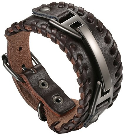Flongo Lederarmband Männer Groß Armband Herren Armreif, Leder Armband Armreif Manschette Schwarz Braun Silber Metall Verstellbar Motorradfahrer Biker Herren-Accessoires