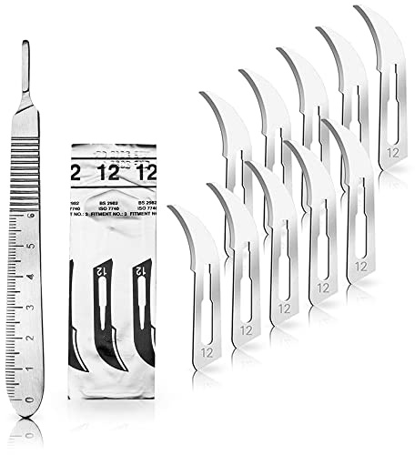 May Skalpell-Set Figur 12 Halter 3 Maßskala 13 cm Karbonstahl 10 Stk | Skalpell-Set: Edelstahl-Halter (Fig. 3, 13 cm) mit cm-Maßskala inklusive 10 sterilen Karbonstahlklingen der Figur 12.