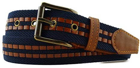 TigerTie hochwertiger Stoffgürtel mit Edelstahl Schnalle und echt Leder Applikationen in blau dunkelblau marine gemustert. Gürtelbreite 35 mm, Bundweite 90 cm