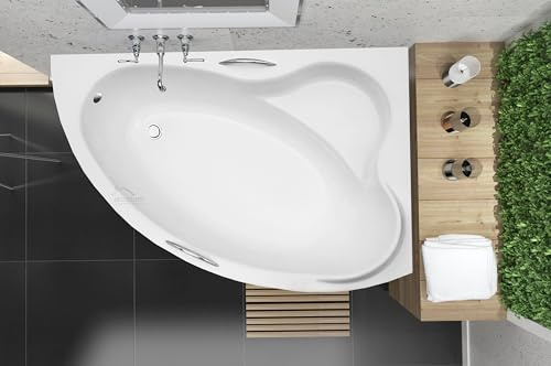 ECOLAM® Badewanne Eckbadewanne Acryl Ada weiß 160x100 cm RECHTS + 2 x Handgriff + Ablaufgarnitur Ab- und Überlauf Automatik Füße Silikon Komplett-Set