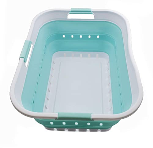 SAMMART 42L Collapsible Plastic Laundry Basket - Foldable Pop Up Storage Container/Organizer - Space Saving Hamper/Basket (White/Lake Green, 1)