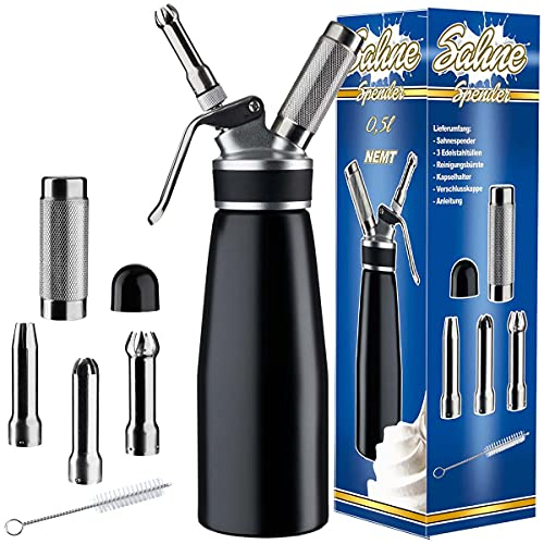 NEMT professioneller Sahnespender 0,5L Schlagsahne Sahnesiphon schwarz mit 3 Spritzdüsen und Reinigungsbürste für N2O-Kapseln (Nicht Enthalten)