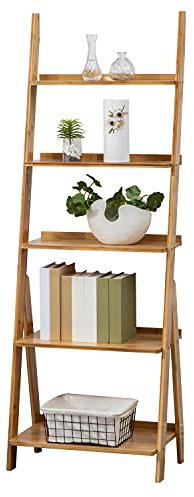 SOBIBO Bamboo Ladder Shelf, 5-Tier Storage Rack，Bookshelf, Free Standing Organizer Storage Shelves Flower Plant Stand Rack Nature
