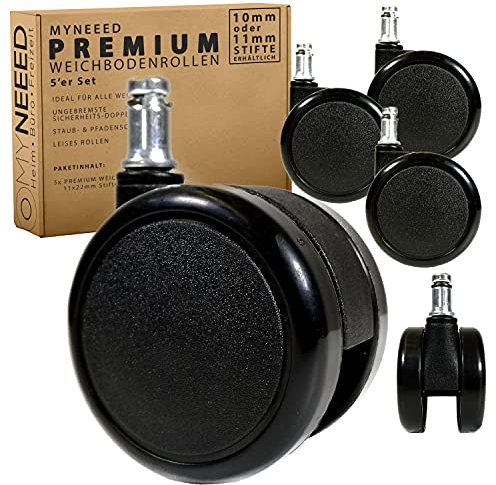 MYNEEED Rotelle per pavimenti morbidi di alta qualità, 11 mm x 22 mm, resistenti ruote per sedia da ufficio, Ø 65 mm, doppie ruote di sicurezza con protezione del filo, certificate TÜV & GS