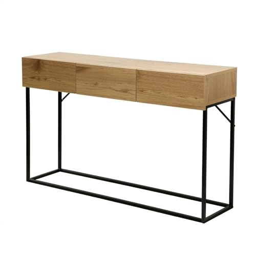 Calicosy - Console 3 Tiroirs - Effet Bois Chêne - Panneaux De Particules - Structure Acier Noir Mat - Prises De Main Intégrées - Entrée, Couloir, Salon - Style Industriel - L 120 x P 29,5 x H 73 cm