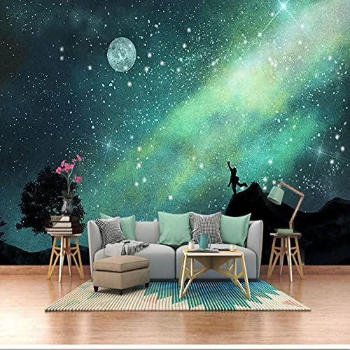 Frtmsticker Papier Peint Autocollant Murale 3D Vert Lune Ciel Étoilé Papier Peint Photo 3D Enfants Chambre 3D Murale Pvc Autocollant Wall Art Garçon Fille Chambre Affiche Murale 200X100Cm
