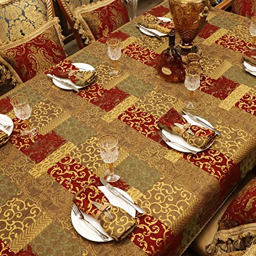 Loom and Mill Luxury Fabric Tablecloth 60 x 120 Inch, Christmas Jacquard Patchwork Table Covers with Tassels for Dining Kitchen Tabletop Party Banquet Holiday (Red Gold, 60x120 in)