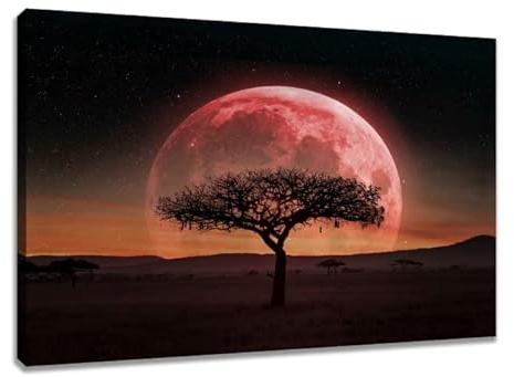 Visario Leinwandbild Roter Mond Baum 80x60 cm 4031 Wandbild auf Leinwand mit Holzrahmen Mystische Nacht Landschaft Moderne Wanddekoration für Wohnzimmer Schlafzimmer Büro Kunstdruck Natur Rot Schwarz