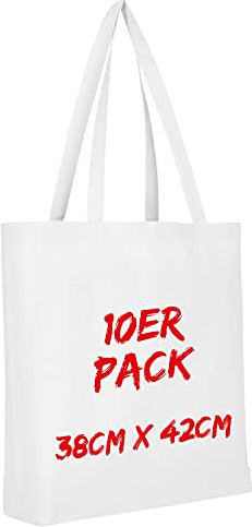 TEXXILLA Baumwolltasche - 10er Pack | Weiß | mit Zwei Langen Henkeln, Boden- und Seitenfalte | 38x42cm | Jutebeutel | Einkaufstasche | unbedruckt