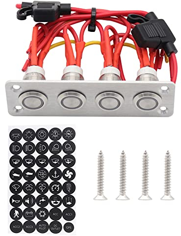 12V Wasserdichtes Wippschalterfeld,Asudaro 4/6 Gang Drucktastenfeld Schalter Panel,Kippschalter Panel mit blauen LED-Leuchten und 40 Stück DIY Aufkleber für Auto, Wohnmobil 4 Wege