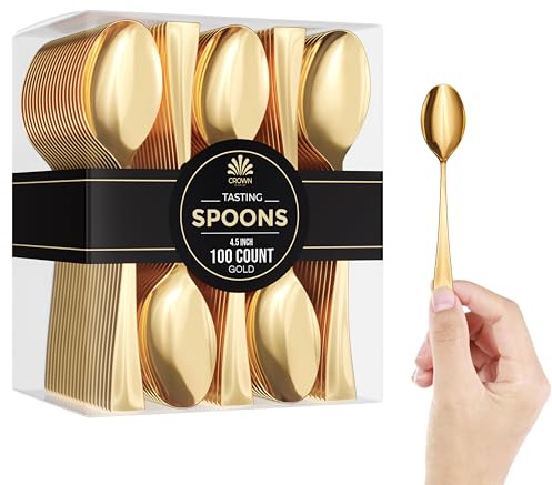 EXQUISITE Mini Spoons For Desserts - Bulk Pack Of 100 Gold Dessert – Disposable 4.5 Inch Plastic Appetizer Real Flatware Look Miniature Gold Bpa Free Food SafeSafe