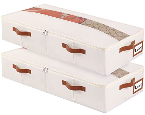 Yawinhe 2 Stück Unterbettkommode, Unterbett Aufbewahrungsbox Vliesstoff, Faltbare Aufbewahrungstasche, mit Klarem Deckel und Haltegriffen, für Schlafzimmer, 80x40x15cm, Beige