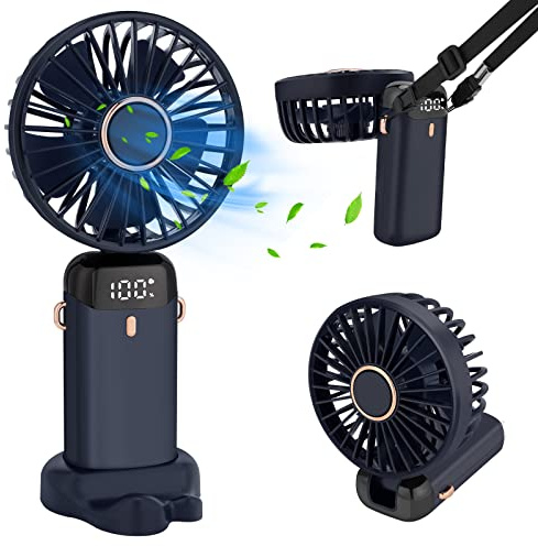 WARMFIT Handheld Fan, Portable 5000mAh USB Rechargeable Fans with 5 Speeds, Electric Powered Mini Fan with LED Display, Foldable Desk Desktop Fans for Outdoor Office Bedroom Travel Camping - Blue