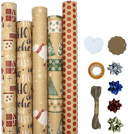 arkamii Geschenkpapierrolle Kraftpapierrolle Weihnachten 5 Rollen 3 m x 70 cm mit 20 m Schnur und 16 Geschenkschleife 20 Etiketten (R14)