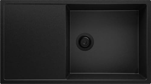 PRIMAGRAN Fregadero Cocina al Mueble 60cm + Kit de desagüe, 90x50cm | Set: Kit de desagüe (sifón, válvula, rebosadero) + Ibiza 1 Seno Granito, Todo Negro