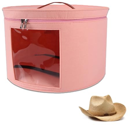 DYOUen Hat Boxes Hat Storage Box Felt Round Hat Box Foldable with Carry Handle and Clear Window for Wardrobe Organization, Travel,Dustproof (pink)