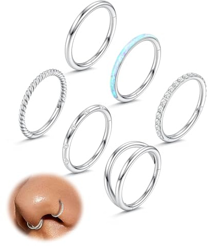FIOROYAL 6 Piezas 18G Piercing Nariz Aro Clicker Piercing Nariz Acero Quirurgico Piercing Septum Cartílago Pendientes Aro Labio Helix Tragus Piercing Plata Piercing Oreja 10mm