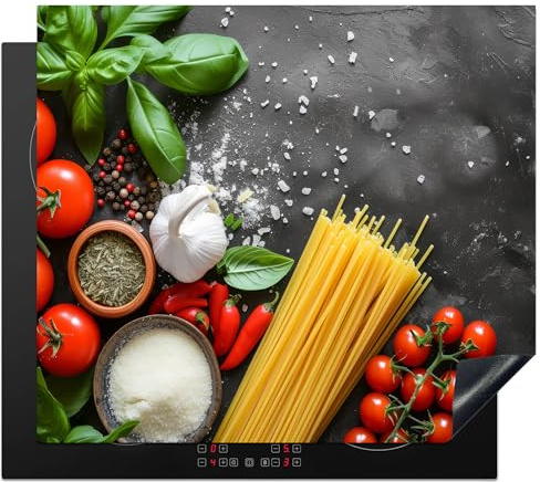 KitchenYeah© Protection Plaque Cuisson Deco Cuisine Cache Induction Protege | 58x51 cm - Pour Cuisiniere Protection Ustensiles Légumes - Tomates - Spaghetti - Béton - Herbes