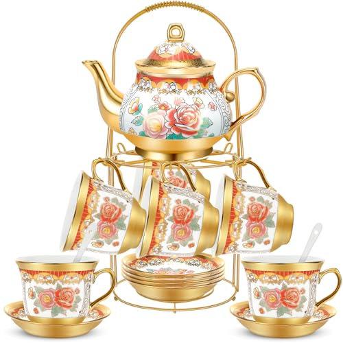 Gandeer 20 Pcs Porcelain Tea Set for Adults with Metal Holder and Spoon European Ceramic Tea Party Set Flower Painting Teapot Cup Saucer for Women Gift, Serving 6 People(Classic)