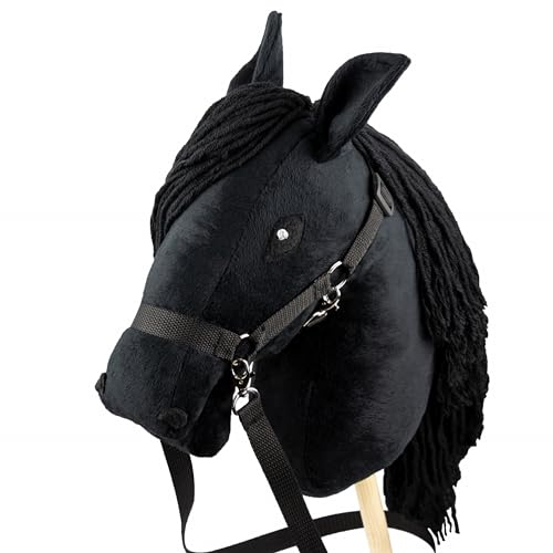 SKIPPI Hobby Horse Schwarzes, Großes Steckenpferd A3, Schwarz, Hobby Horse mit einem Halfter und Zügeln im Set, Hobby Horsing Pferd, Stockpferd