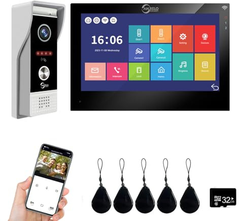 ANJIELO SMART 1080P Video Türsprechanlage Wohnung Türklingel Gegensprechanlage 7 Zoll kabelgebundener Touchscreen Unterstützt Swipe Card Entry und Bewegungserkennung (1, Schwarz)