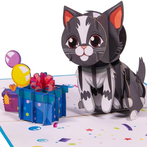 LINPOPUP® Pop Up Karte Katze, 3D Geburtstagskarte mit Umschlag, Glückwunschkarte Frau mit Katzenmotiv, Gutscheinkarte, Geschenk Katzenliebhaber, Kindergeburtstag Mädchen, N291