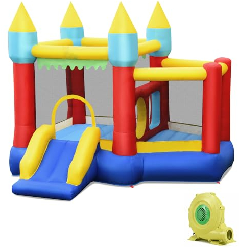 LIFEZEAL Castello Gonfiabile Esterno con 2 Zone di Salto, Scivolo, Cestino da Basket, 100 Palline, Struttura Gonfiabile per Bambini 3-10 Anni, Rete di Sicurezza, Carico 135 kg (con soffiatore)