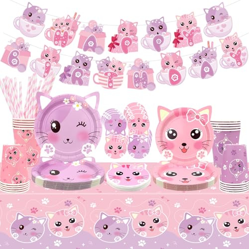 Katzengeburtstags-Partyzubehör-Set, Kätzchen-Geschirr enthält Happy Birthday-Banner, Teller, Tischdecke, Tassen und Strohhalme für Kinder, Katzenparty-Dekorationen, für 20 Gäste