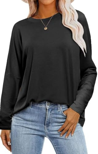 SOADKP Damen T-Shirt Oversize Oberteile Langarm Rundhals Lose Tops Elegant Bluse Tunika (schwarz/M)