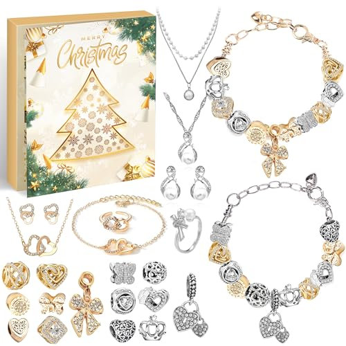 Adventskalender Mädchen Schmuck 2025, Weihnachtskalender Schmuck Geschenk für Kinder Teenager Frauen, 24 Füllung Adventskalender Schmuck Basteln Mädchen Armband Kit Weihnachten Geschenke (golden)