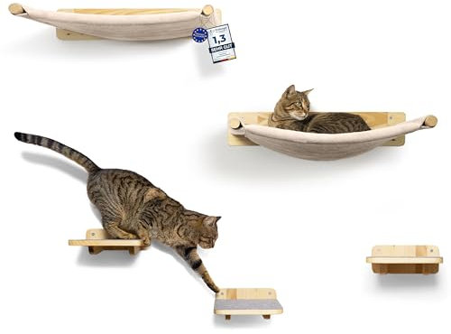 WOOWOOD® Kletterwand Katzen inkl. 2X Katzentreppe Wand [Massivholz] I Kratzbaum Wand I Hängematte Katze I Wandkratzbaum I Katzenmöbel I Katzenwand I Katzen Kletterwand Set (5-teilig)