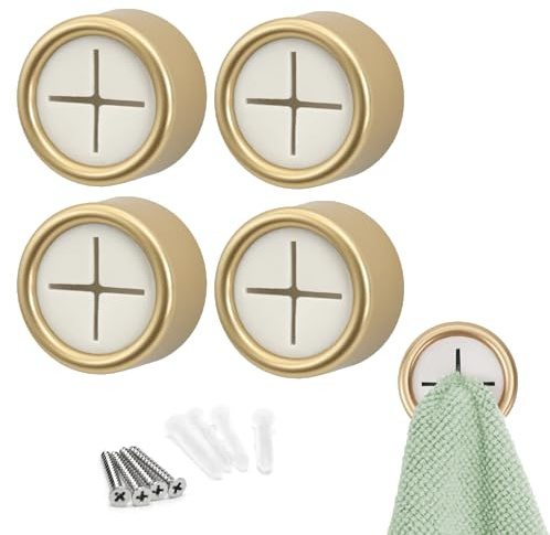 S&T INC. Round Adhesive Push Towel Hooks for Kitchen, Hand and Dish Towels, Brushed Gold, 4 Pack