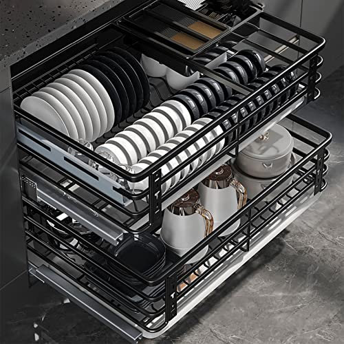 Küchen-Organizer, 2 Etagen, ausziehbarer Schrank, Aufbewahrung, robuster Edelstahl, doppelstöckig, Drahtkorb, Regal für Unterschrank, Speisekammer, Schubladensystem aus Metall
