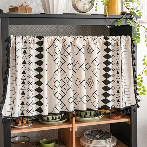 ANAZOZ Scheibengardinen Landhaus Kurz 45 cm, Küchenvorhang Boho Style Geometrisches Muster mit Quaste, Bistrogardine Stangendurchzug Modern 150x45cm