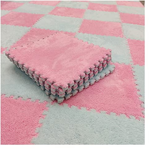 Ineinandergreifende Teppichfliesen-Set, 10 Stück, Plüschschaum-Bodenmatten, quadratisch, 30,5 x 30,5 cm, ineinandergreifend, flauschig, Puzzle-Spielmatte mit Rand, 10 Fliesen/30,5 m², Rosa + Blau