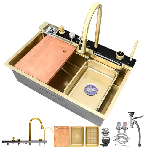 HZKSINNK Fregadero de cocina con dos cascadas, 1 cuenco, negro, multifuncional, de acero inoxidable, con nano revestimiento, con grifos extensibles, lavaplatos y cestas de drenaje y juego de desagüe