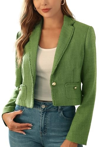 M.Infisavo Women’s Cropped Tweed Jacket Blazer with Pockets Long Sleeve Open Front Notch Lapel Cardigan Elegant for Casual Green
