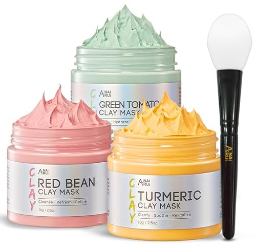 ANAiRUi Set Mascarillas Faciales, Mascarilla Arcilla con Tomate Verde + Cúrcuma + Judías Rojas - Limpieza Profunda, Control de Sebo & Reducción de Poros, 210g
