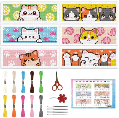 INFUNLY 6 Stück Cartoon Katze DIY Kreuzstich Lesezeichen Set Für Anfänger süßes Kätzchen Gestempeltes Stickset Mit Anleitung Cat Bedrucktes Lesezeichen Set Für Katzenliebhaber Buchleser Schriftsteller