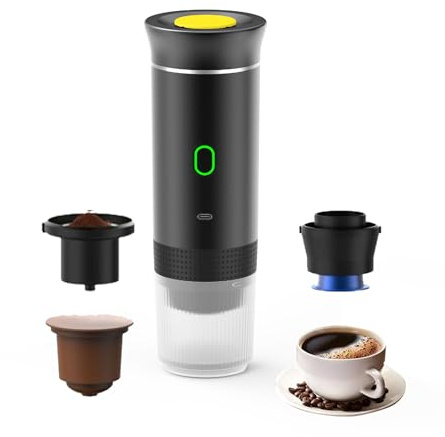 Macchina Caffè Portatile Compatta 12V 7500mAh,3 in 1, Espresso Cremoso con Batteria Ricaricabile, per Capsule e Polvere, Perfetta per Auto, Ufficio, Outdoor 60 ml (Nero)