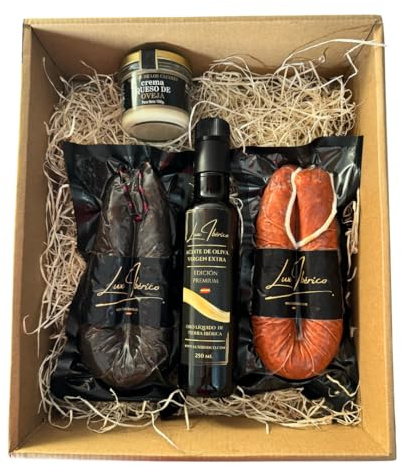 LUX IBÉRICO - Cesta Gourmet para Regalar Augustea – Caja de Productos Ibéricos – Lote con Aceite de Oliva, Queso, Patatera y Achorizada - Pack Ideal para Cumpleaños, Eventos, Navidad y Empresas