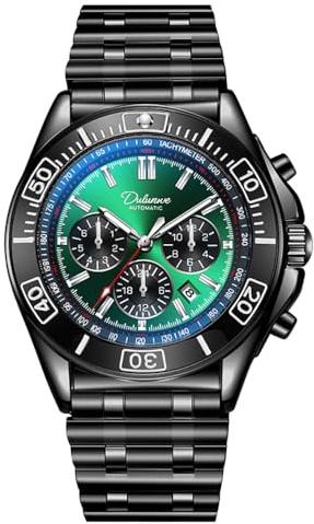 DAXIAOYU Herr business automatisk mekanisk klocka multifunktion timer 6-polig urtavla kalender display klockor rostfritt stål självlysande armbandsur, Stålrem-svartgrön, Företag