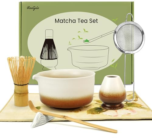 Matcha Whisk Set, 7 PCS Matcha Set, Reusable Matcha Bowl with Spout, Matcha Whisk, Holder, Matcha Powder Strainer, Matcha Tea Set Gift for Beginners and Tea Lovers (White to Brown Gradient)