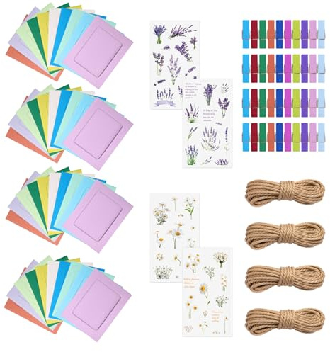 Prelisee 40 Pcs Fotorahmen aus Pappe 10x15cm Bunt Fotogirlande Papier zum Aufhängen Kraftpapier Bilderrahmen 10 Farben mit 40 Clips,4 Hanfseil,4 Blume Aufkleber für Geburtstag Hochzeit Jubiläum Deko