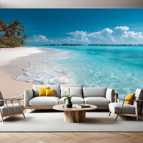 Ciel Bleu Papier Peint Intissé 400 x 280 cm Plage eau turquoise Panoramique Image Photo Trompe l'oeil Murale Wallpaper Tapisserie pour Salon, Adulte Chambre d'enfants, Étude Décoration